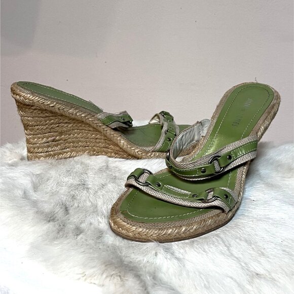 Y2K Vintage Green Leather Wedge Espadrille Sandals w Strap Detail+Studs Size 7.5 - Picture 1 of 6